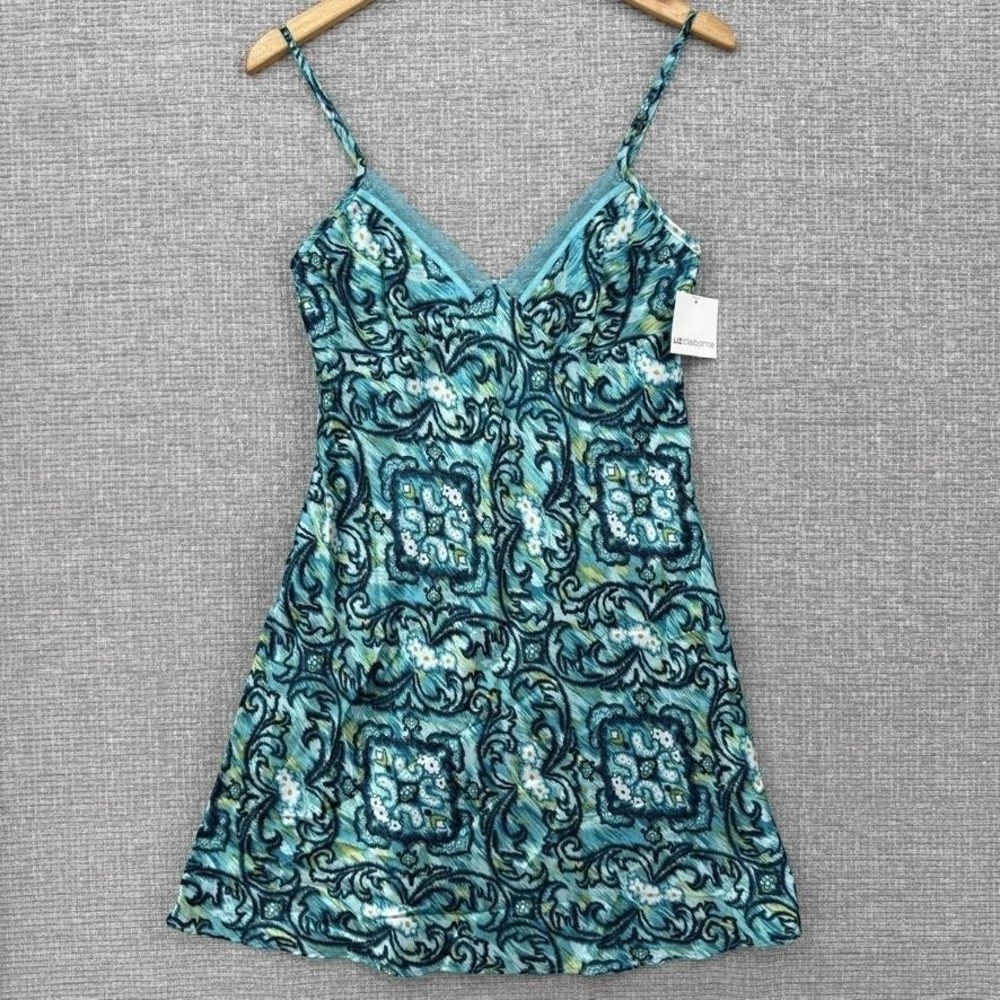 Liz Claiborne Dress Womens S Blue Ikat Damask Satin Slip Sundress V-Neck Strappy
